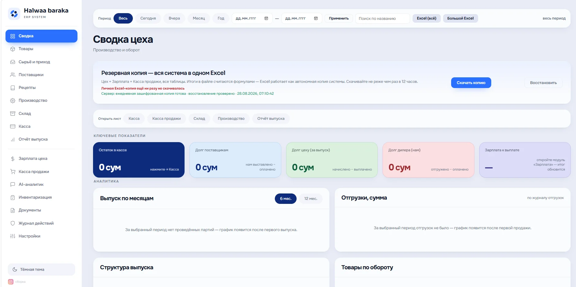Настоящий экран SYNTeX ERP со сводкой цеха, показателями и навигацией по производственным модулям.